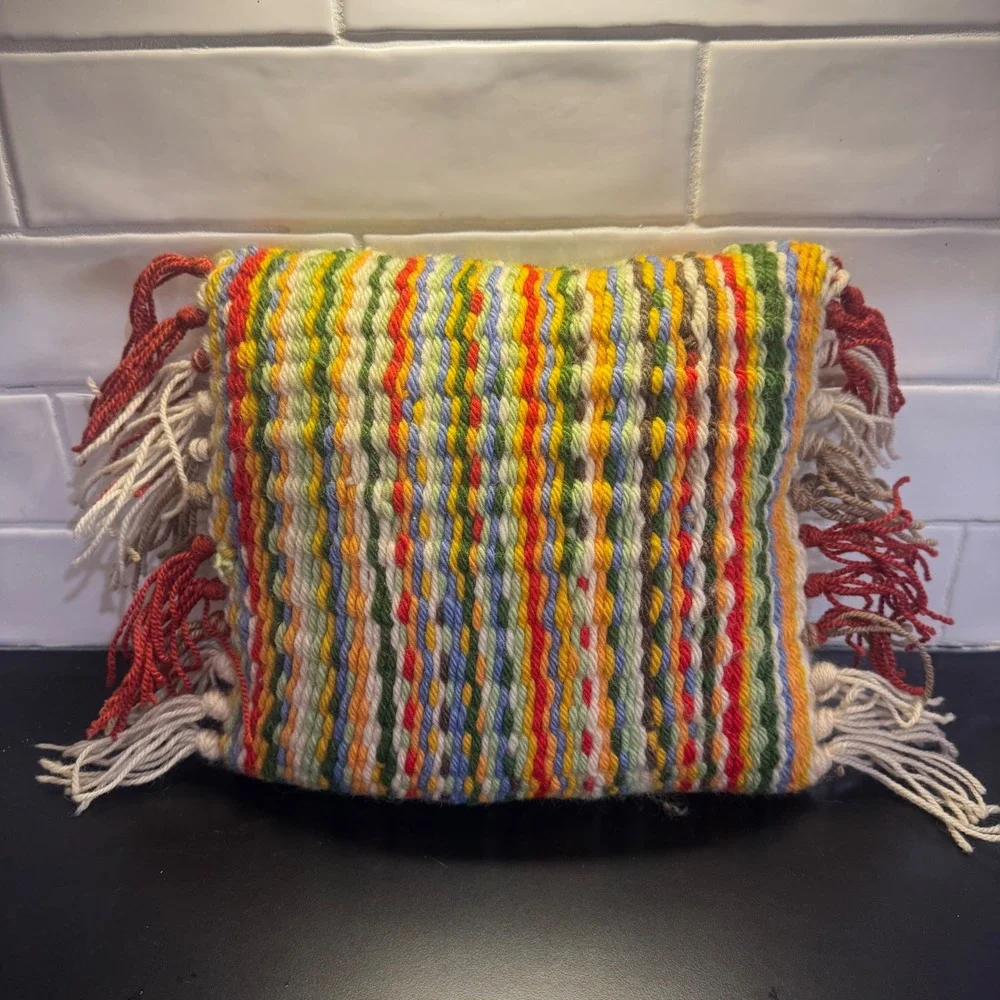 Handmade Woven Throw Pillow Small Multi-Color Striped Boho Fringe Accent